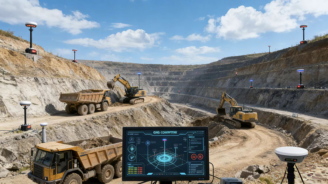 Open-pit mining operations enhanced by GNSS RTK technology for real-time safety monitoring and precision positioning.